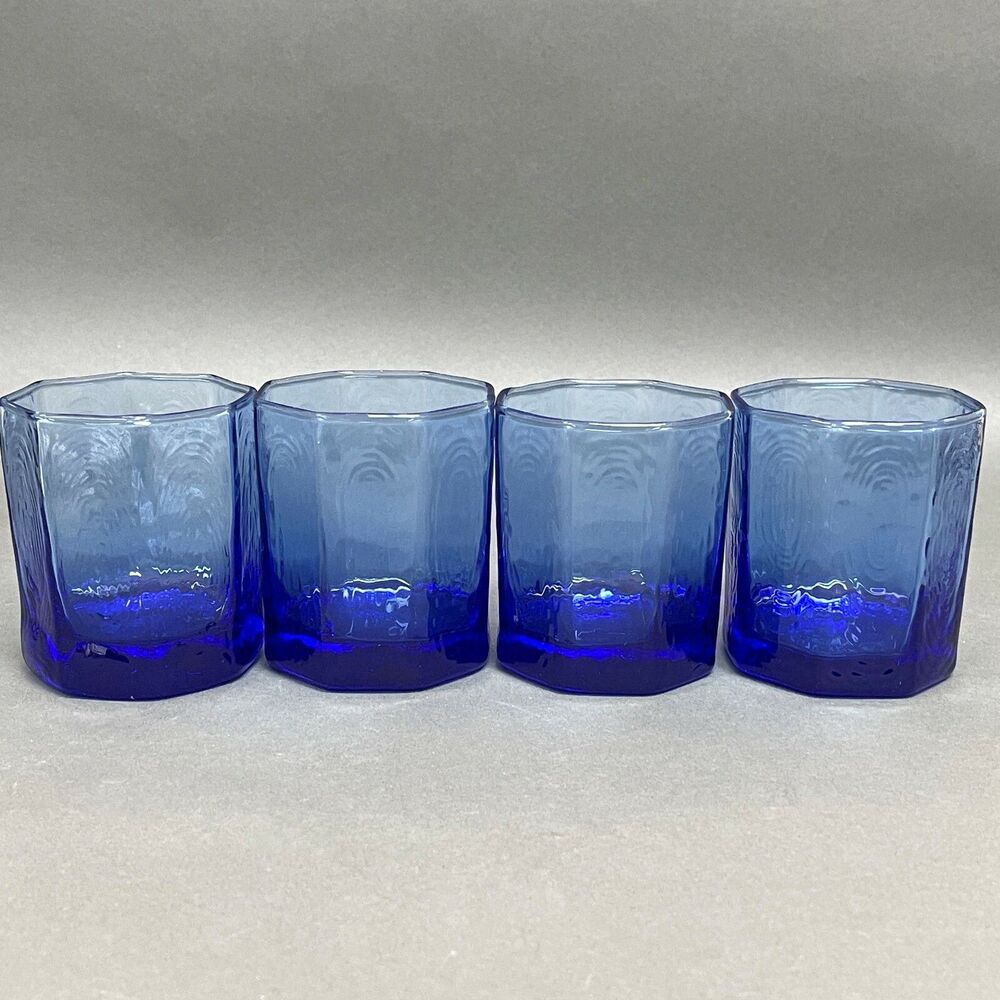 Cobalt Blue Glass Glasses Panels Textured Double‎ Old Fashion 3 1/2" Lot of 4